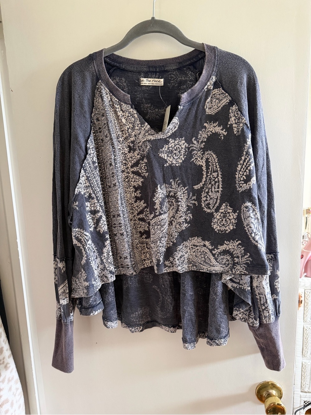 Free People Blue Paisley Mixed-Media Long Sleeve Top
